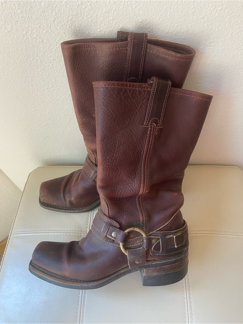Vintage Y2K FRYE Moto Belted Harness Brown Leather Biker Boots Sz 6.5 M